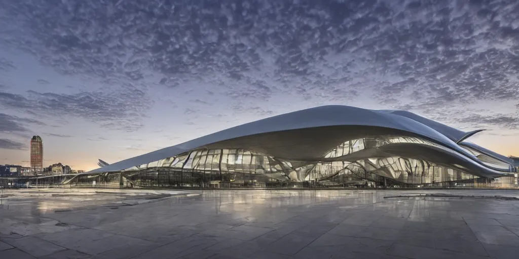 Prompt: extremely detailed stunning sophisticated beautiful elegant futuristic museum exterior by Zaha Hadid, Milan buildings in the background, smooth curvilinear design, stunning volumetric light, stainless steal, concrete, translucent material, beautiful sunset, tail lights