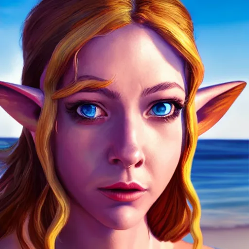 Image similar to a hyper real comic book style portait painting of zelda on the beach, unreal 5, hyperrealistic, octane render, cosplay, rpg portrait, dynamic lighting