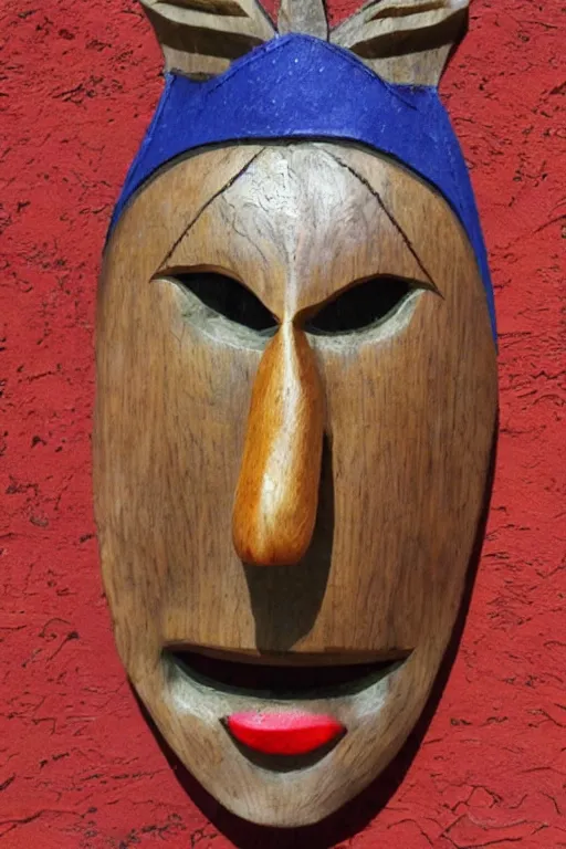 Prompt: a flat carved wooden elf mask face, brightly coloured, highly detailed, vintage folk art, colour photograph