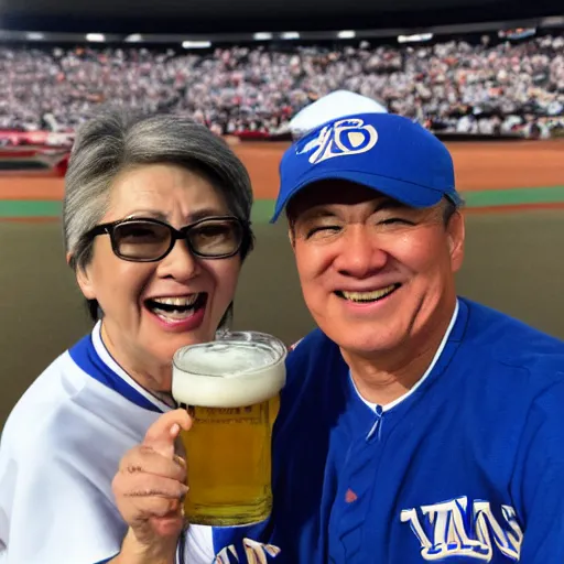 Image similar to a middle aged caucasian couple cheering on the Yokohama Baystars Japanese baseball team while drinking beer.