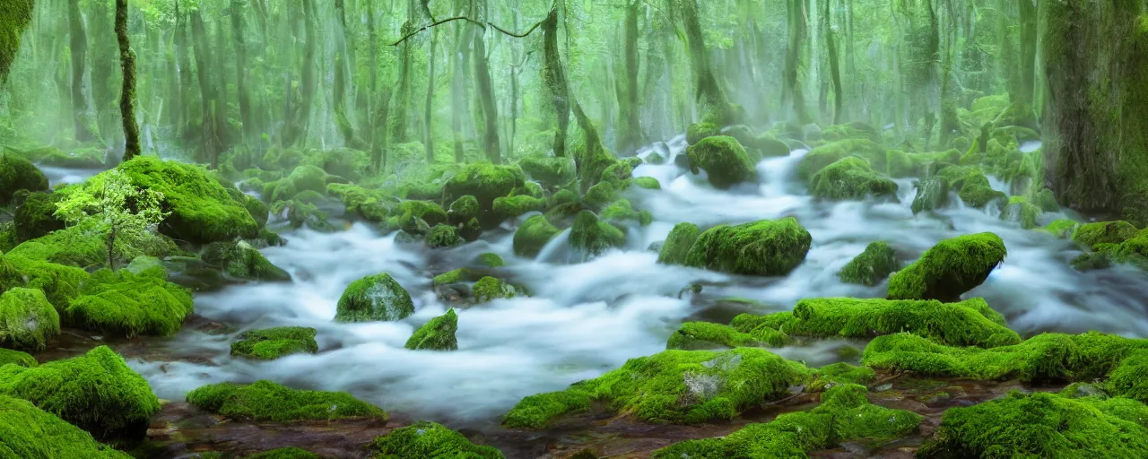 Prompt: deep forest, small rainbow river waterfall, light shimmering, water mists, big river stones covered in moss, wild flowers, subtle color variantions, grain, stylized, summer rain, gentle mists, a white robed benevolent magician clothed in a royal garment in contemplation and meditation casts a benevolent white magic spell, by Eyvind Earle and Mary Blair