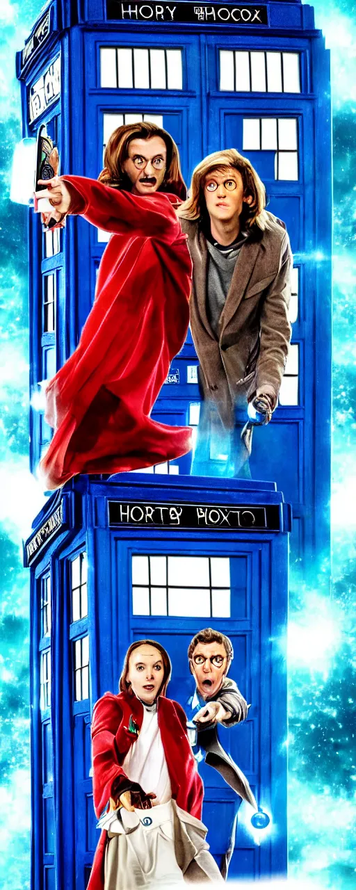 Prompt: a poster for a movie called humanity savers, showing harry potter and dr. who in front of tardis blue phone booth, vivid colors, high resolution, 8 x