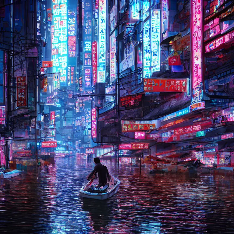 Image similar to cyberpunk flooded rainy south korea, seoul, man in small row boat, reflections, cinematic lighting, photorealistic, trending on artstation, storefronts made of neon lights, hyper realistic rendering photography, unreal 5 engine render, ultra wide angle, long shot, 8 k