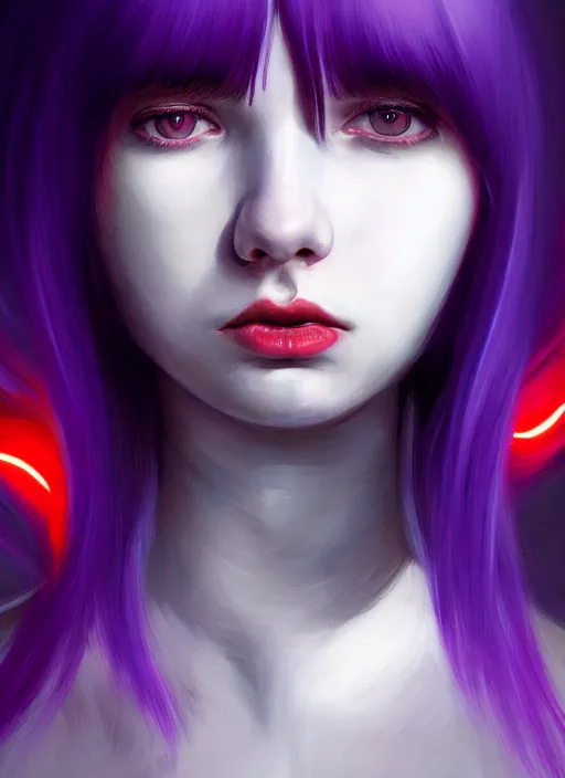 Image similar to hair whitebangs hair, black hair, whitebangs, portrait of teenage girl with white bangs, red irises, purple clothes, white bangs, bangs are different color from hair, intricate, elegant, glowing lights, highly detailed, digital painting, artstation, concept art, smooth, sharp focus, illustration, art by wlop, mars ravelo and greg rutkowski