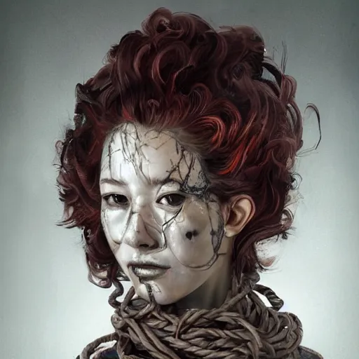 Image similar to portrait of a Shibari rope wrapped face and neck, headshot, insanely nice professional hair style, dramatic hair color, digital painting, of a old 17th century, old cyborg merchant, amber jewels, baroque, ornate clothing, scifi, realistic, hyperdetailed, chiaroscuro, concept art, art by Franz Hals and Jon Foster and Ayami Kojima and Amano and Karol Bak,