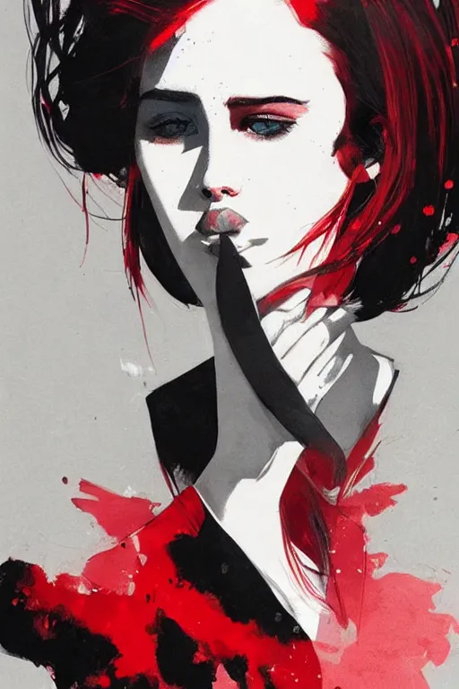 Prompt: a ultradetailed beautiful painting of a stylish female, wearing suit and tie, by conrad roset, red and black, greg rutkowski and makoto shinkai trending on artstation