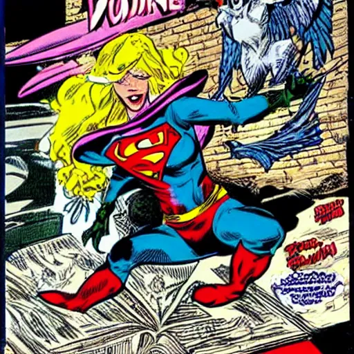 Image similar to a female wizard with wings snarls at her superhero enemy, comic book cover by todd mcfarlane