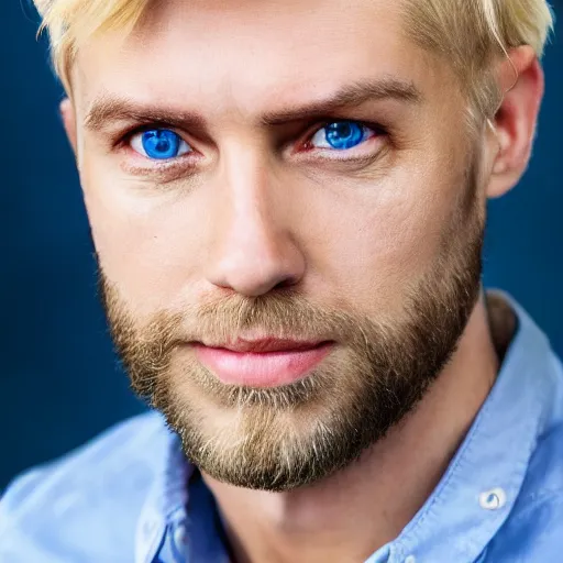Prompt: close up of face of good looking 4 0 year old blond man with blond stubble, very short wavy blond hair in a short pompadour style, very pale skin, blue eyes, hairy shoulders, hairy chest, color portrait, 4 k