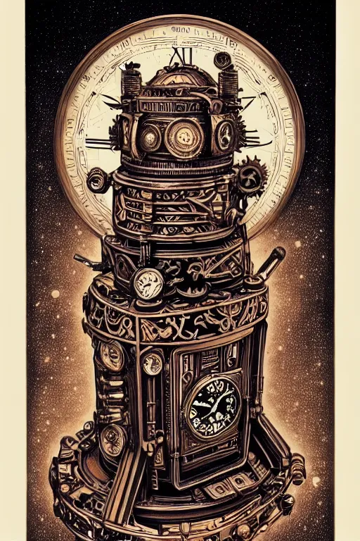 Image similar to ornate steampunk time machine, high details, intricately detailed, by vincent di fate, inking, lineart, 3 color screen print, masterpiece, trending on artstation,, sharp, details, hyper - detailed, hd, 4 k, 8 k