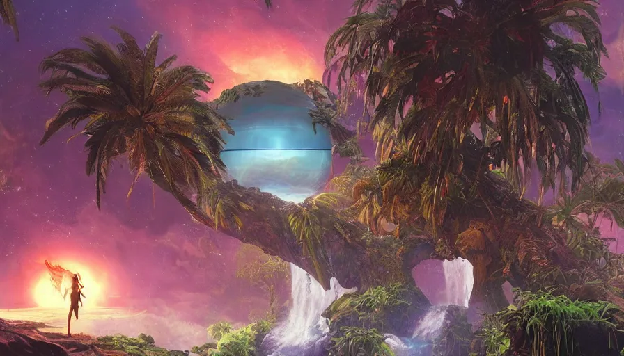 Prompt: frank frazetta art, science fiction landscape, glowing woman from space, giant soft creatures, multicolored palm trees, crystal water fall, space ship sphere, deviant art, unreal engine, realistic shading, realistic render, octane render, detailed textures, photorealistic, wide shot