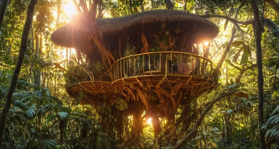 Image similar to A scene from a 2022 Marvel film featuring a cozy art nouveau reading nook inside a jungle treehouse. Golden Hour. 8K UHD.