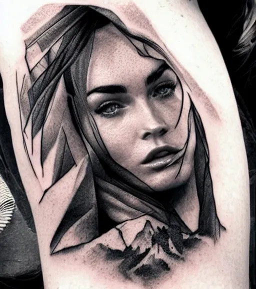 Prompt: megan fox face double exposure with beautiful mountains, tattoo sketch, hyper - realistic, in the style of matteo pasqualin, amazing detail, sharp, black and white