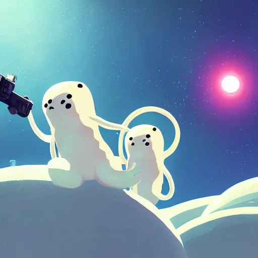 Prompt: baby harp seals astronauts shooting lasers at tentacle alien monsters on an asteroid, atey ghailan, goro fujita, studio ghibli, rim light, stark lighting, clear focus, very coherent,