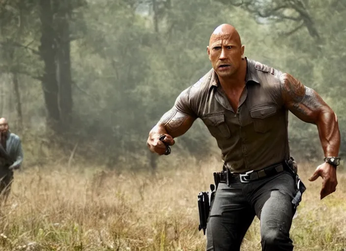 Prompt: film still of dwayne the rock johnson as rick grimes in the new walking dead tv series, 4 k