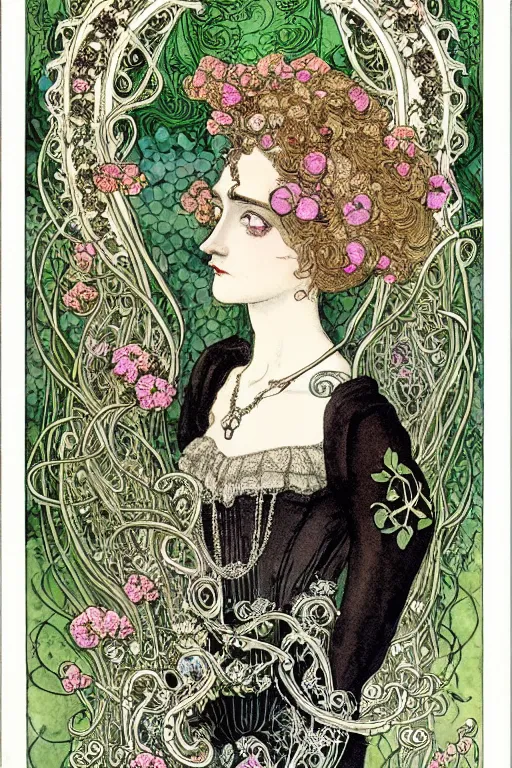 Prompt: centered detailed front view portrait of a victorian beautiful woman with ornate flowers growing around, inside a vine frame ornamentation, flowers, elegant, dark and gothic, full frame, art by kay nielsen and walter crane, illustration style, watercolor