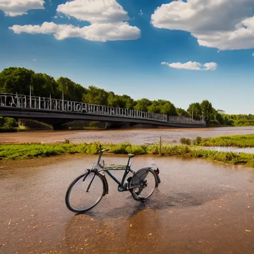 Image similar to drought of the river nearby nijmegen with a bridge over the river and single bike standing in the middle of the dried up river, picture, 4 k, realistic, sunny weather, blue sky