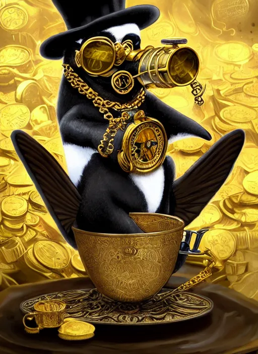 Image similar to athropomorphized rich penguin capitalist sitting on pile of gold, wearing steampunk top hat, goggles, drinking tea, concept art, insanely detailed and intricate, hypermaximalist, elegant, ornate, hyper realistic, super detailed, art deco, cinematic, trending on artstation, magic the gathering artwork, centered