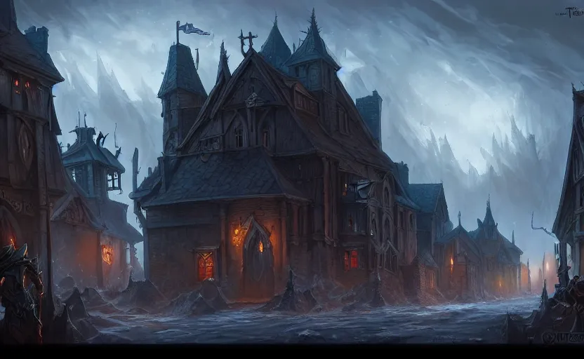 Image similar to extreme long shot concept art depicted old english majestic town, dramatic mood, overcast mood, dark fantasy environment, art by legends of runeterra and league of legends and arcane, art by tony sart, trending on artstation, unreal engine