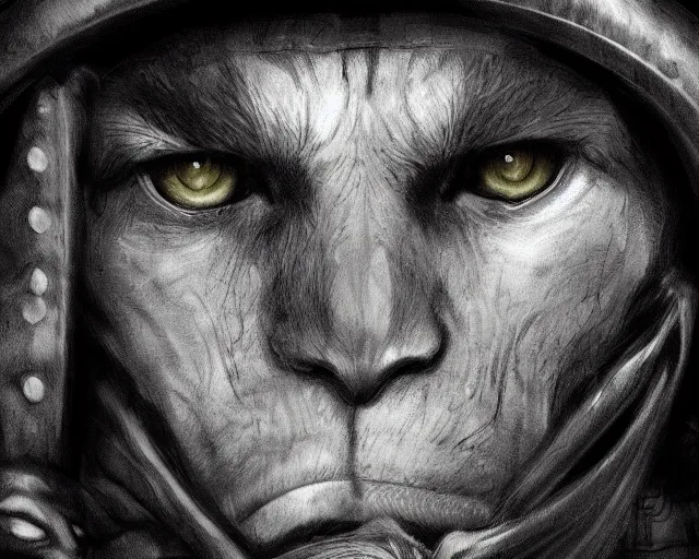 Image similar to A soldier holding a warrior cat in world war 1, close-up, realistic face, beautiful face detail, mature facial features, black and white, amazing digital art, hyper detailed, artstation, in the style of Tony Sart