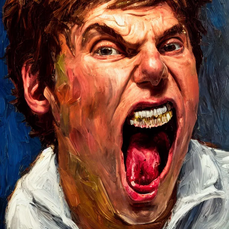 Image similar to warmly lit close up studio portrait of young angry! screaming Paul McCartney in 1965 furious!, impasto oil painting thick brushstrokes by Lucian Freud and Cy Twombly and Tim Hawkinson , trending on artstation dramatic lighting Expressionism