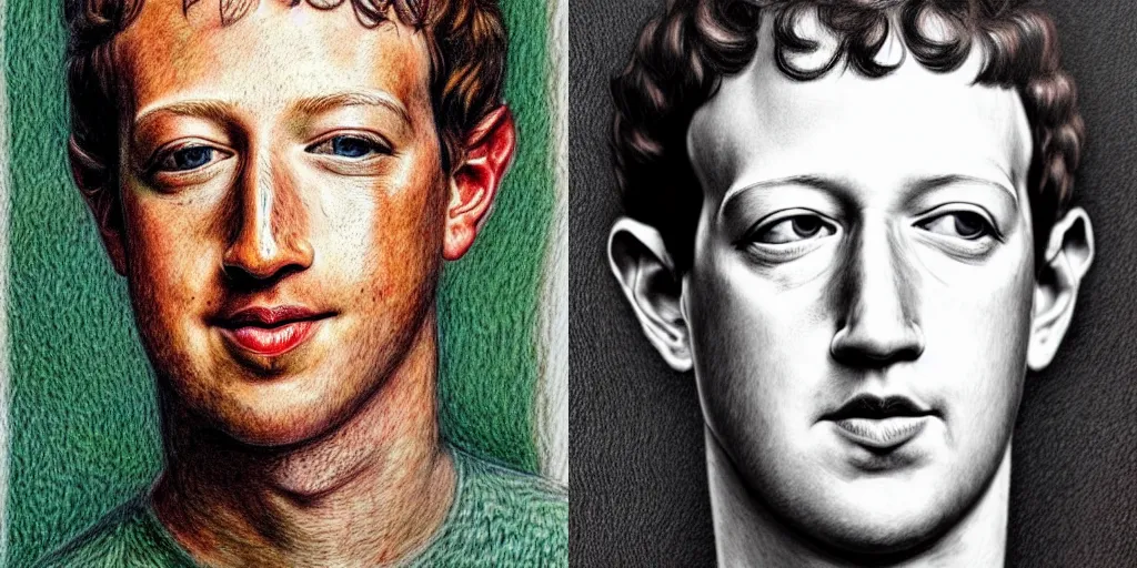 Prompt: color pencil art !! portrait close up mark zuckerberg , hatching!!!! textured !!! paper texture !!!! natural color pencil art by leonardo davinci