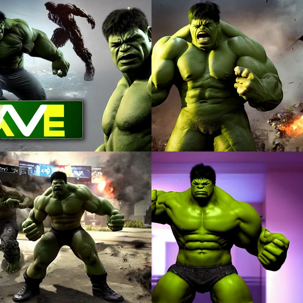 Prompt: Hulk destroys his PC after losing a match in Call of Duty: Warzone