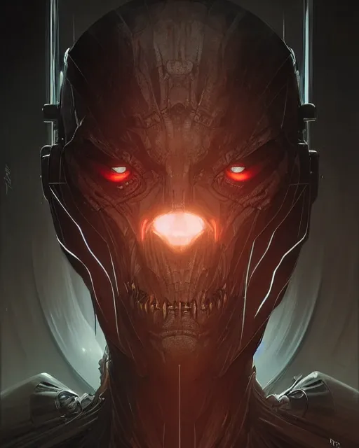 Image similar to professional concept art portrait of a predatory robotic villain in a dark room by artgerm and greg rutkowski. an intricate, elegant, highly detailed digital painting, concept art, smooth, sharp focus, illustration, in the style of cam sykes, wayne barlowe, igor kieryluk.