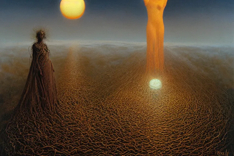 Image similar to The queen of the sun by Zdzislaw Beksinski, Jeffrey Smith and H.R. Giger, oil on canvas, 8k highly professionally detailed, trending on artstation