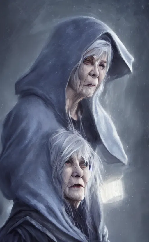 Image similar to an older woman with silver hair and piercing blue eyes. she's wearing a dark, hooded cloak and looks like she knows her way around a sword, dynamic lighting, photorealistic fantasy concept art, trending on art station, stunning visuals, creative, cinematic, ultra detailed
