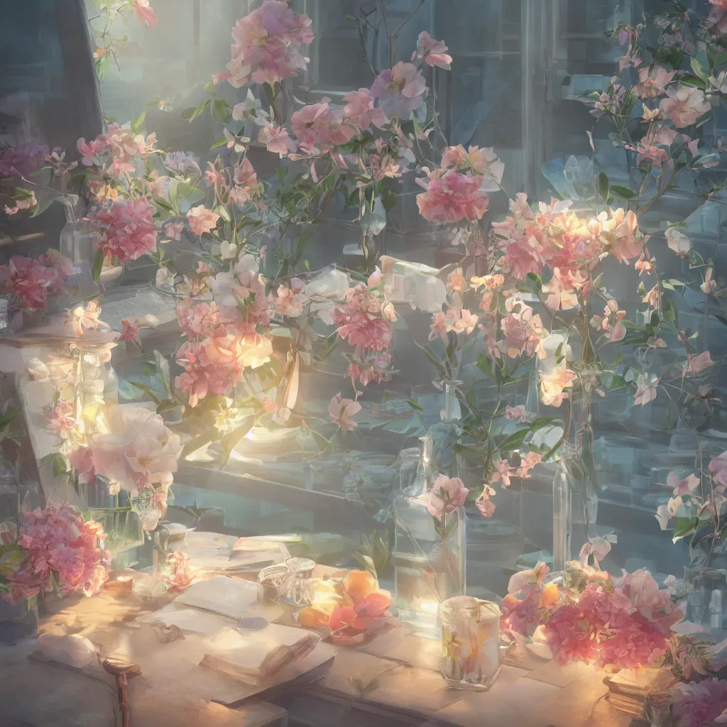 Image similar to cold drinks, ice cream, peach embellishment, books and flowers, in the style of makoto shinkai, dreamy, soft, global illumination, radiant light, intricate environment, luminescence, highly detailed, 8 k