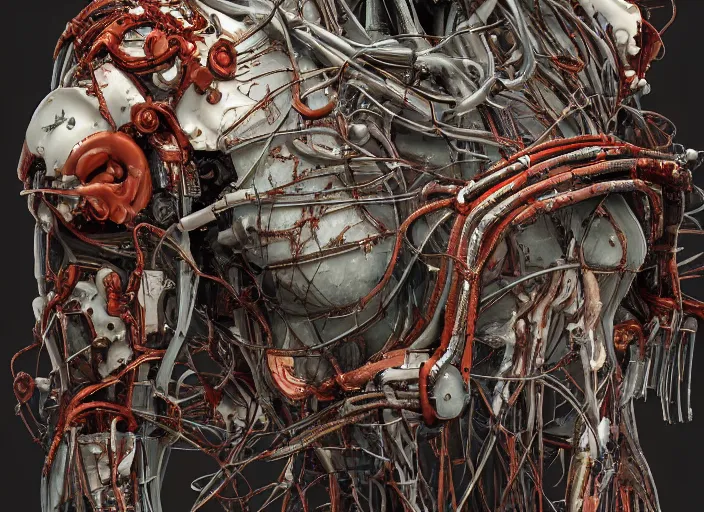 Prompt: Techno-biological rusty robot geisha consisting of veins, bones, kidneys, wires. Biopunk, body armor, high detail, photorealism, full length view, concept art, dark background, Dan Mumford, Quixel Megascans, octane render, 16k, 8k
