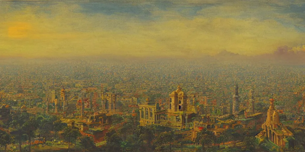 Image similar to mumbai skyline in the style of raja ravi varma, high detail, realism, national gallery of delhi