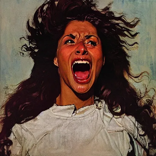 Image similar to head and shoulders portrait of brown woman, fierce, shouting, snarling, fully clothed, three quarter profile, norman rockwell, jacob collins, tom lovell, frank schoonover