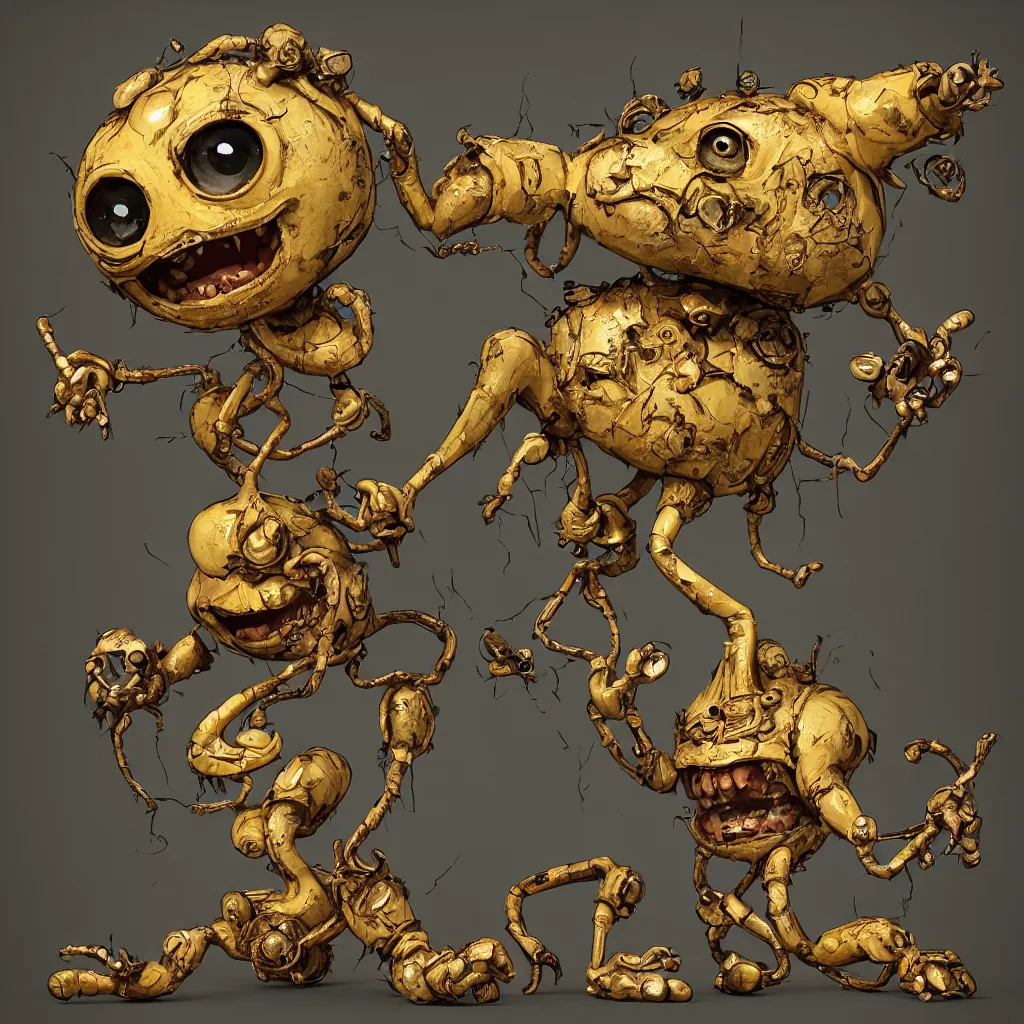 Image similar to , grotesque despair cute monster smooth paneling, one large gold eye intricate detail, style of pokemon, with damaged rusty arms, broken antenna, recycled, floating, white studio, oil, mechanical, toy, ambient light, in the style of pixar animation, pokedstudios, blender, octane render, 8 k, gediminas pranckevicius