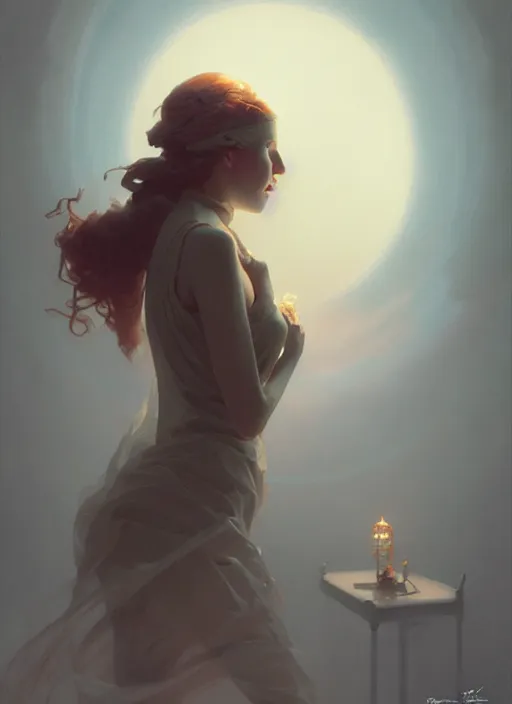 Image similar to leyendecker, abstract foggy girl, goth, ultra high detailed, glowy, sweet night ambient, fog, photorealistic, octane render, photorealistic environment, by greg rutkowski, brom, ferdinand knab, rossdraws, tom bagshaw, alphonse mucha, global illumination, radiant light