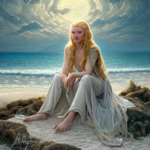 Image similar to painting of galadriel relaxing on the beach, lord of the rings, ultra realistic, concept art, intricate details, eerie, highly detailed, photorealistic, octane render, 8 k, unreal engine. art by artgerm and greg rutkowski and alphonse mucha