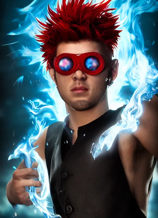 Image similar to An epic fantasy comic book style portrait painting of young man with long red spiked hair. Wearing a black waistcoat, white shirt, using googles. Blasting fire on his hands. Unreal 5, DAZ, hyperrealistic, octane render, cosplay, RPG portrait, dynamic lighting