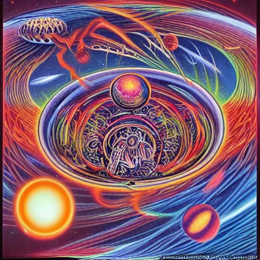 Image similar to krakken battling the spaghetti monster in outer space imagined by alex grey