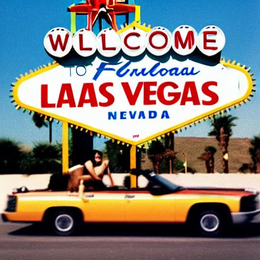 Prompt: ! dream a woman throws an alligator out of a cadillac convertible in front of the welcome to las vegas sign, 3 5 mm photography