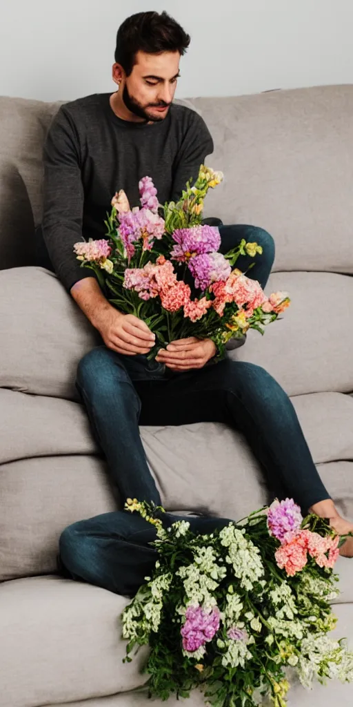 Image similar to a man sitting on the couch with a bunch of flowers in his hand