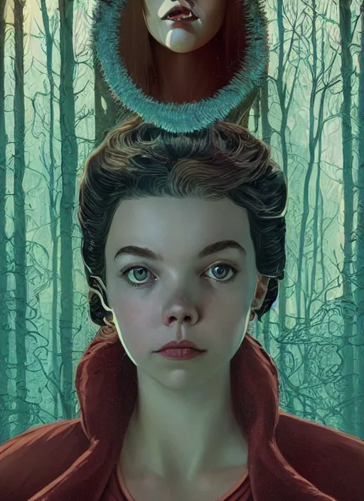 Image similar to poster artwork by Michael Whelan and Tomer Hanuka, Karol Bak Whether she was portraying the victim-turned-monster or monster-turned-victim, Anya Taylor-Joy is beautiful perfection, from scene from Twin Peaks, clean, simple illustration, nostalgic, domestic, full of details