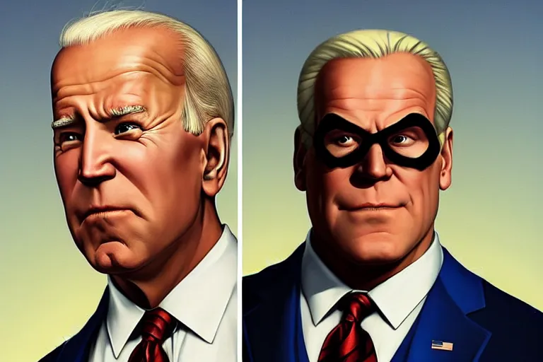 Image similar to Joe biden as a superhero fighting shrek and peter griffin, beautiful androgynous prince, featured on artstation, cinematic chiaroscuro, digital art by Leyendecker and Norman Rockwell