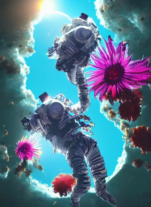 Image similar to An epic fantastic realism comic book style painting of the most beautiful flowers launched into space, bouquets, solar eclipse, fisheye, unreal 5, DAZ, hyperrealistic, octane render, dynamic lighting