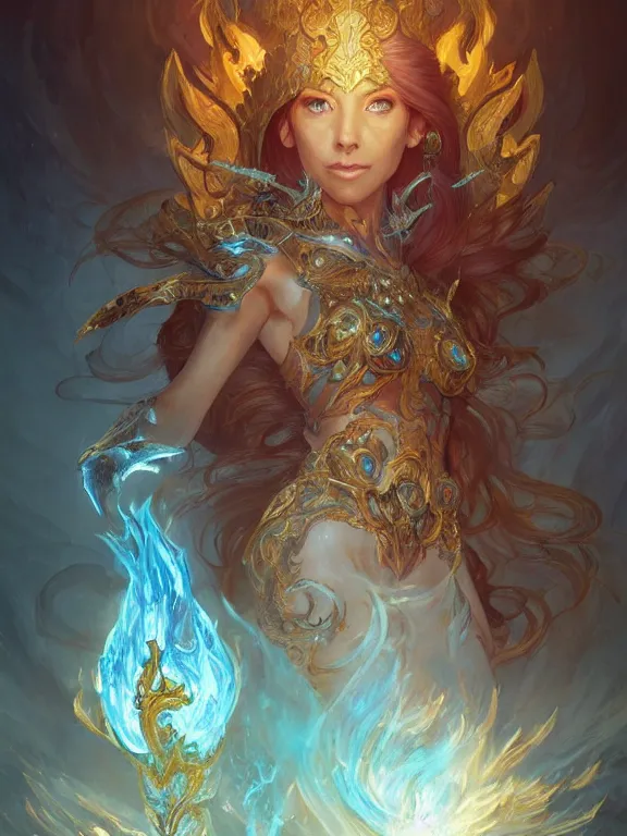 Image similar to summoner with a fire and water elemental, fantasy, world of warcraft, intricate, elegant, highly detailed, digital painting, artstation, concept art, wallpaper, smooth, sharp focus, illustration, art by artgerm and greg rutkowski and alphonse mucha