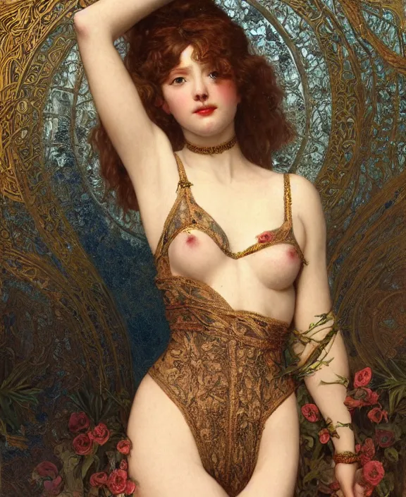 Image similar to a goddess, paint background, intricate and detailed lace set, suspenders, honey birdette, realistic renaissance portrait, highly detailed, digital painting, artstation, concept art, smooth, sharp focus, cinematic lighting, art by john collier, artgerm and greg rutkowski and alphonse mucha and jacques louis david and john william godward