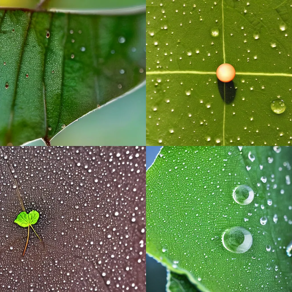 Prompt: planets as dew drops on a single leaf