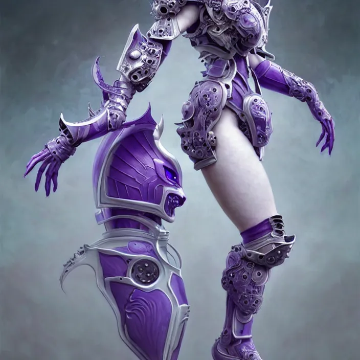 Image similar to porcelain cyborg armor, Chinese Kangxi purple and white fox pattern porcelain, diffuse lighting, fantasy, intricate, elegant, highly detailed, lifelike, photorealistic, digital painting, artstation, illustration, concept art, smooth, sharp focus, art by John Collier and Albert Aublet and Krenz Cushart and Artem Demura and Alphonse Mucha