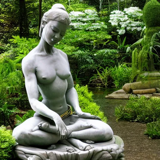 Prompt: marble statue of naomi campbell meditating in a rococo japanese garden