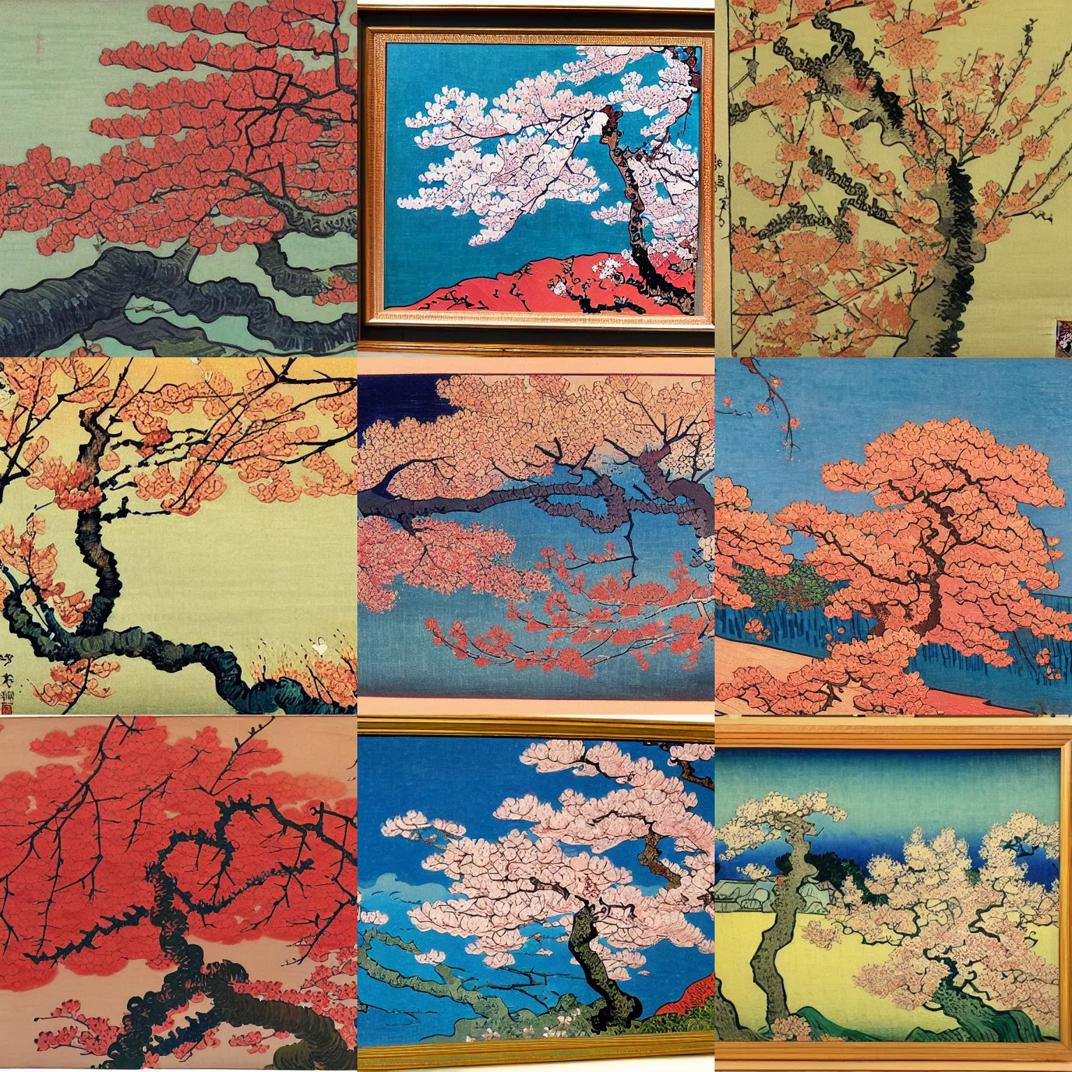 Prompt: cherry blossom autumn painting by hokusai and van gogh