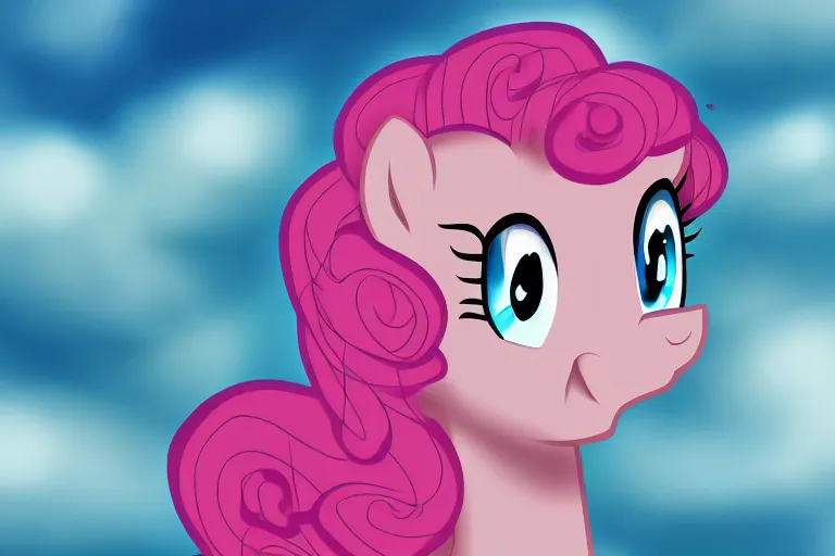 Image similar to Giant Pinkie Pie pokes her head through the clouds, digital art